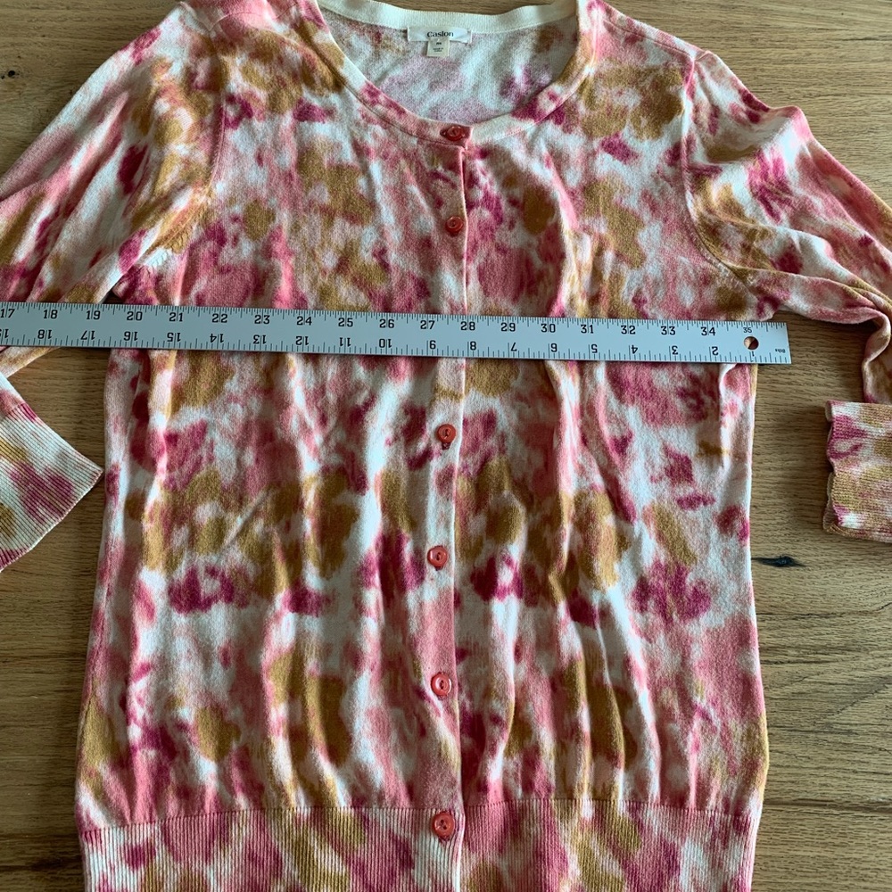 Caslon Watercolor 3/4 Sleeve Cardigan Button Up Pink Tan Women’s Medium Preloved - Picture 3 of 8